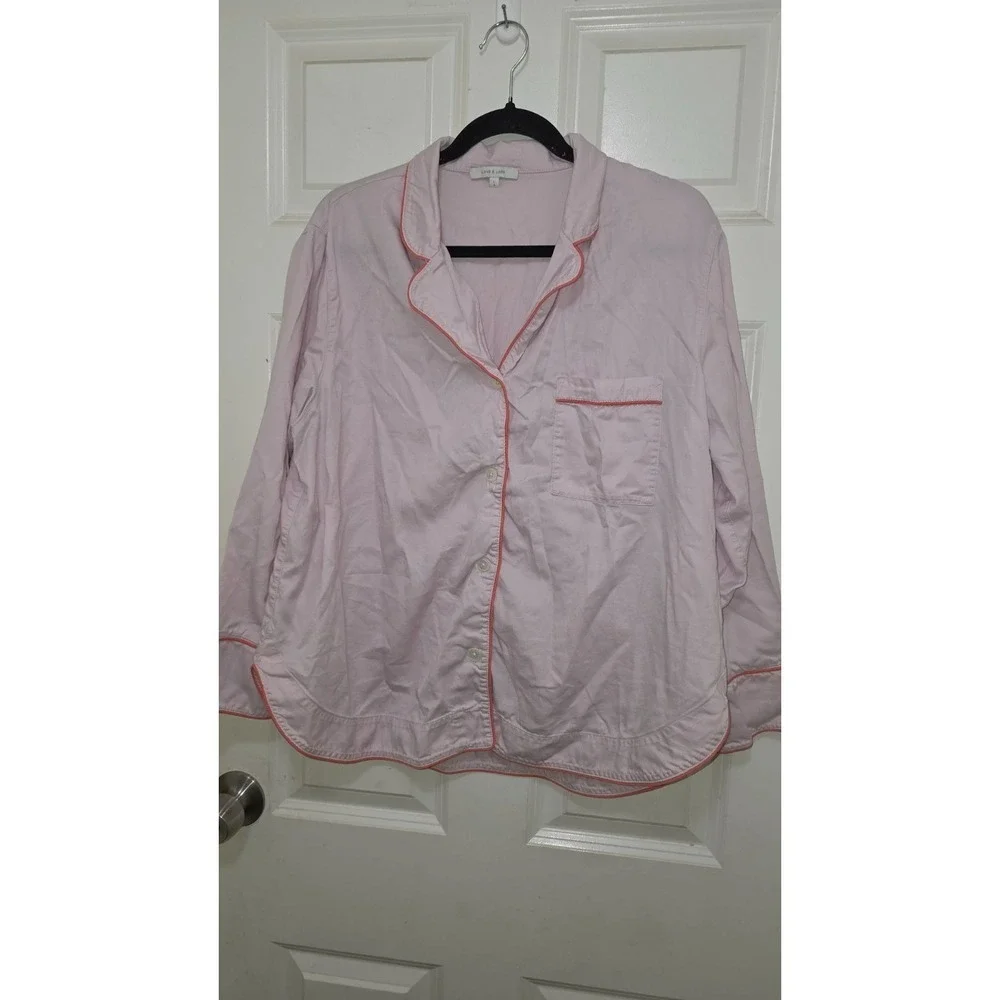 Love & Lore Women's Pink Pajama Top With Orange Piping Button-Up Long Sleeve Siz